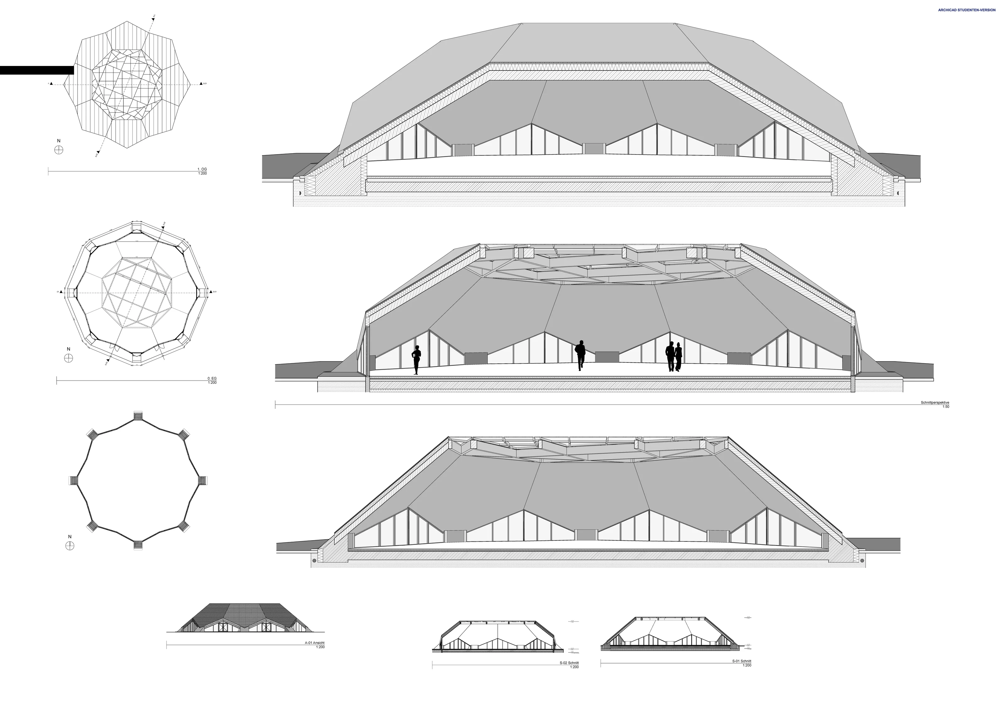 Lotus Blume, Architekturplakat: Grundrisse, Schnittperspektive und Ansichten