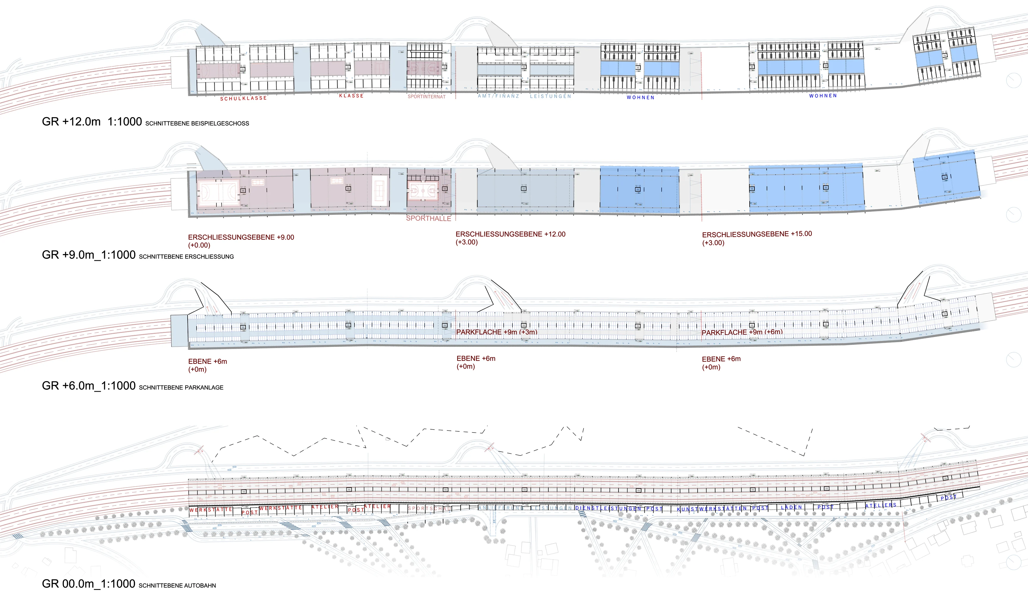 Grundrisse +12,0 / +9,0 / +6,0 / ±0,0 m, 1:1000